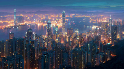 Obraz premium victoria peak hong kong, banner background with skyline lights