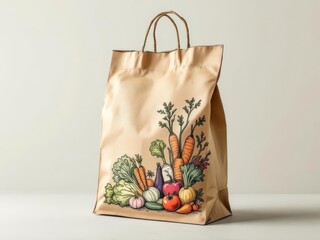 A minimalist kraft paper grocery bag with fresh vegetable illustrations and eco-friendly branding.