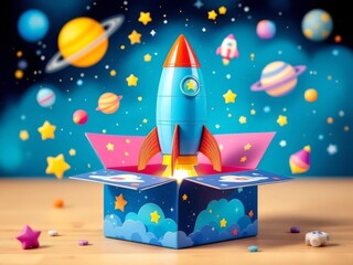 A toy box with a pop-up rocket design, perfect for engaging kids and creative packaging for toy stores.