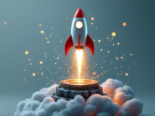 A rocket launching above a gear, symbolizing progress, innovation, and the balance between creativity and engineering, perfect for tech and business themes.