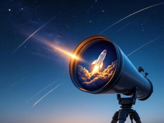 A telescope with a rocket inside, symbolizing vision, exploration, and the pursuit of new horizons, perfect for futuristic and scientific themes.