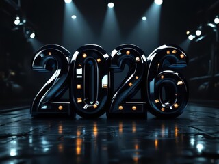 A polished 3D liquid metal font "2026" with a glossy reflective surface, set against a dark industrial background with dynamic lighting effects, ideal for branding.