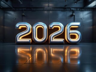 A stunning 3D liquid metal "2026" font with a reflective chrome surface, placed in a futuristic industrial setting with glowing accents and metallic textures.