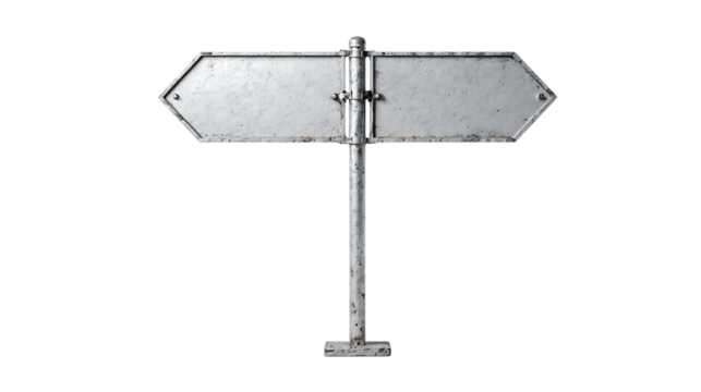 Directional sign with two blank arrows isolated on transparent background.
