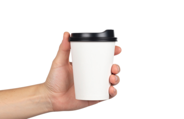 Close-up of a hand holding a white disposable coffee cup with a black lid, isolated on white background