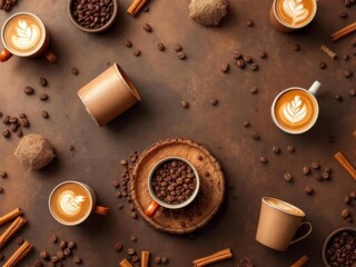 A cozy 3D pattern featuring coffee cups, coffee beans, and latte art, perfect for coffee shop branding and modern beverage designs.