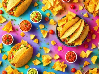 A vibrant 3D pattern featuring tacos with salsa dips, guacamole, and tortilla chips, ideal for Mexican restaurant branding and festive culinary designs.