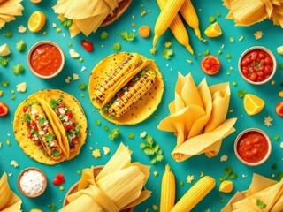 A vibrant 3D pattern featuring popular Mexican street food like tacos, elotes, and tamales, perfect for culinary branding and festive designs.