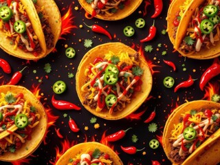 A bold 3D pattern featuring spicy tacos with jalapeños, hot sauce, and vibrant Mexican spices, perfect for restaurant branding and culinary designs.