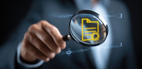 A hand holding a magnifying glass over a document icon with a quality check mark, digitally displayed