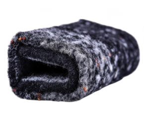 A rolled bundle of dark gray felt material isolated on transparent background