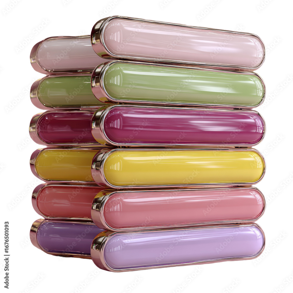 Poster stacked colorful glossy bars with metallic edges against a transparent background
