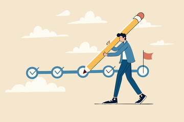 Project tracking, goal tracker, task completion or checklist to remind project progress concept, businessman project manager holding big pencil to check completed tasks in project management timeline.