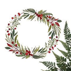 Holiday Wreath with Green Leaves and Red Berries – Watercolor Christmas Circle Frame