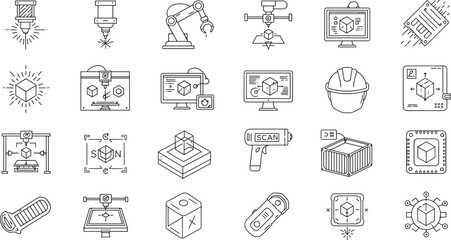 Cad drawing flat vector illustration, 3D printing icons, industrial technology design, mechanical engineering outline, machine tool line art set