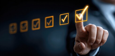 A hand touches a glowing checkmark on a checklist