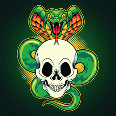 Skull head and snake tattoo style