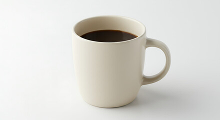A classic off-white ceramic mug filled to the brim with strong dark black coffee.