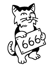 Smiling cat holding a sign with the number 666, a funny and cheeky illustration