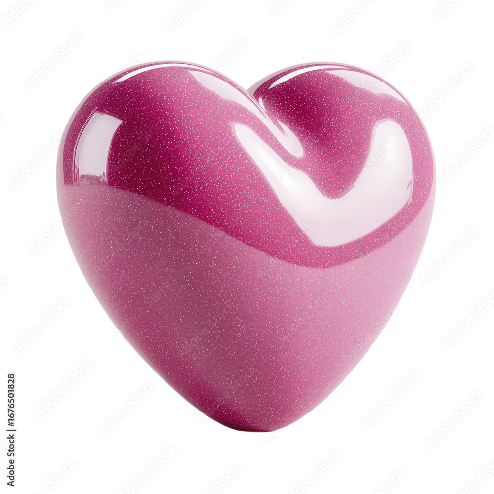Poster glossy pink heart with subtle glitter texture and reflections on a transparent background