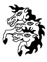 A three-headed horse, funny black and white line art illustration