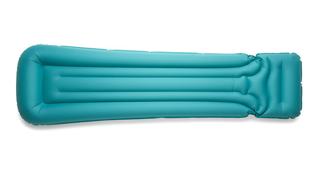 A fully inflated teal camping sleeping pad with horizontal baffles and a built-in pillow.