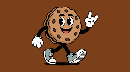 Happy cartoon chocolate chip cookie character walking and waving