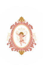 Ornate rococo-style frame with a playful cherub, featuring pink, gold, and cream colors, evoking classical and decorative artistry.