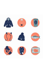A collection of nine circular icons featuring winter clothing, warm drinks, and fish products on a white background.