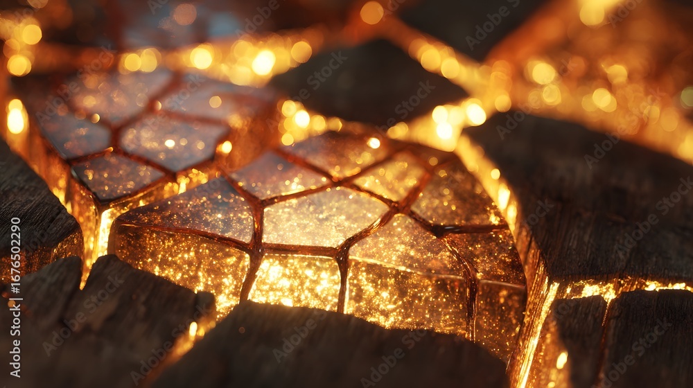 Poster intricate, glowing golden crystalline structures embedded within a dark, textured surface, showcasin