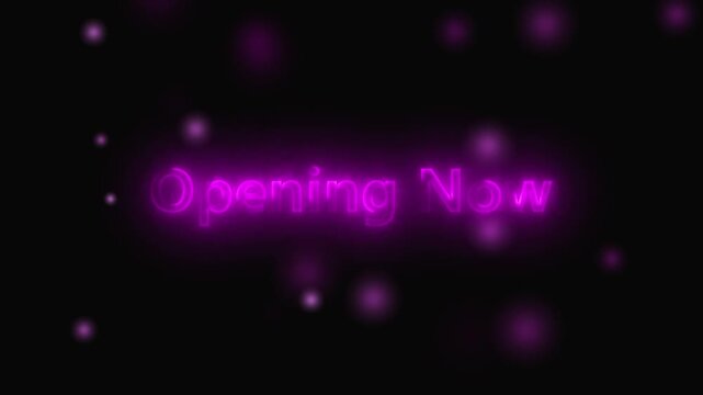 Neon purple glowing text animated opening now sign cinematic title sequence intro opener broadcast. Neon opening now sign animation purple glowing text cinematic intro opener broadcast commercial.