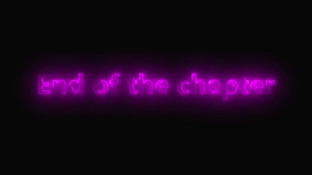 Animated purple neon end chapter sign dark background cinematic transition post production motion graphics. Purple neon end chapter sign animation dark background cinematic transition screen.