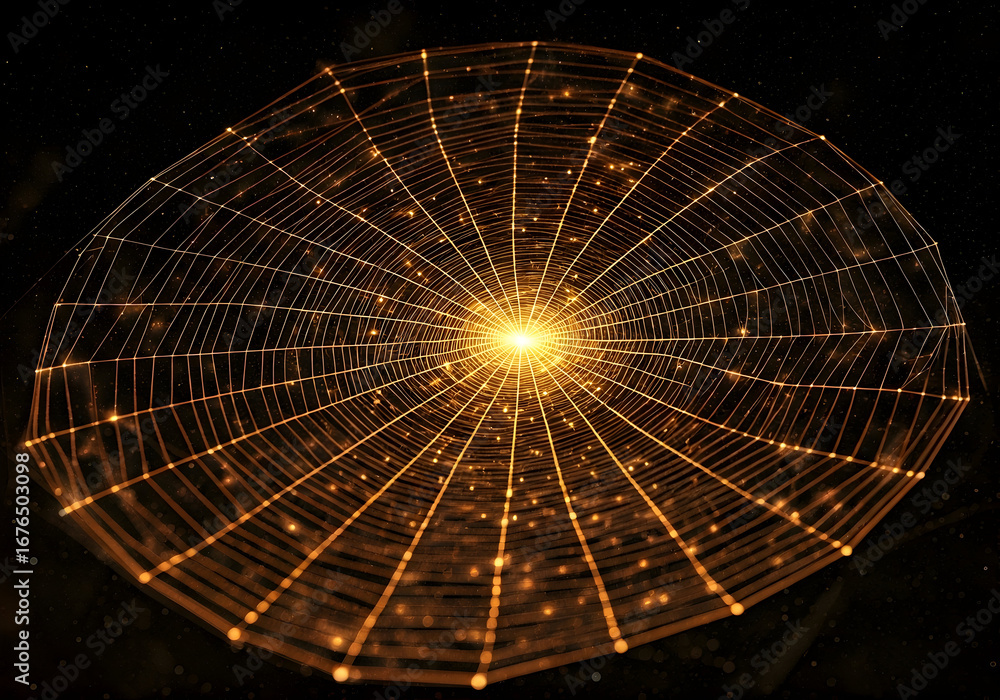 Poster radiant golden web structure illuminating the darkness with glowing nodes