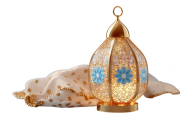 Ornate gold lantern with blue floral details isolated on transparent background