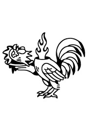 A unique illustration of a rooster holding a dragon head with fire