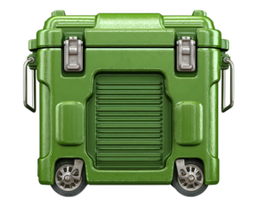 A rugged green cooler with wheels and latches isolated on transparent background