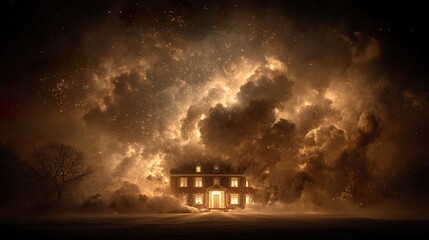 Residential house with the upper floor consumed by fire, glowing windows and dark smoke spiraling upward, dramatic AI-generated disaster scene  