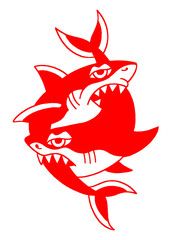 Two angry sharks fighting or circling each other in an abstract red silhouette