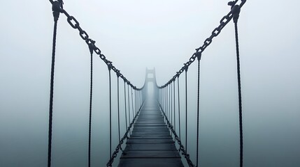Fototapeta premium Mystical foggy suspension bridge over calm water in atmospheric landscape with mist and soft lighting