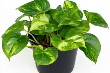 Fresh and Healthy Potted Plant with Glossy Green Leaves in Full tropical 'Epipremnum Aureum Golden Pothos'