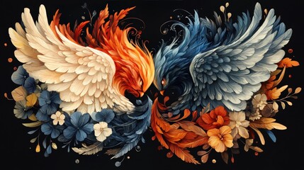 Obraz premium Two mythical birds, fiery and icy, surrounded by detailed floral elements, on a dark background. Their wings and bodies blend colors, creating a dynamic composition. Intricate patterns 