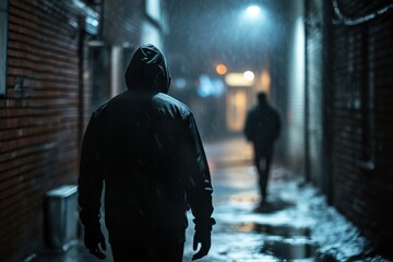 Man in Black Hoodie Walking Down Wet Alley at Night, Night scene with hood