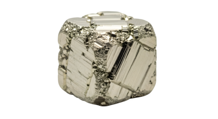 A pyrite cube mineral specimen isolated on transparent background, also known as fools gold, showcasing its metallic luster and geometric shape, a unique find
