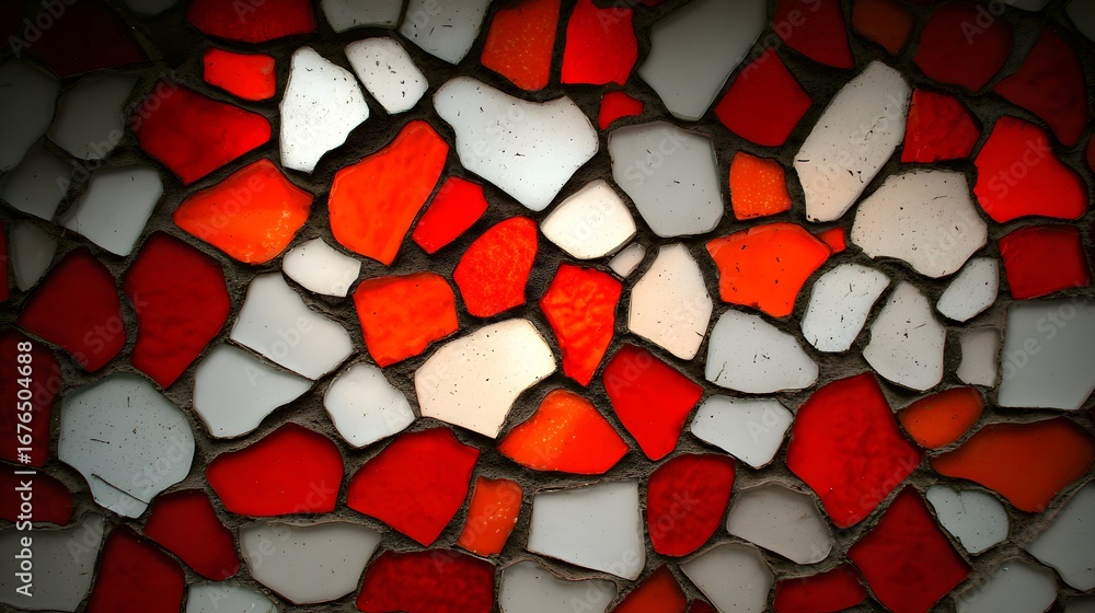 Poster a vibrant mosaic design composed of irregular pieces of red, white, and orange glass, creating a tex