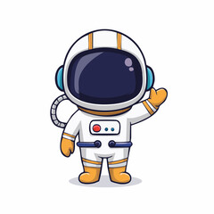Cute astronaut waving hello in a white and orange spacesuit, cartoon style
