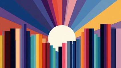 Fototapeta premium Colorful cityscape with a bright sunburst