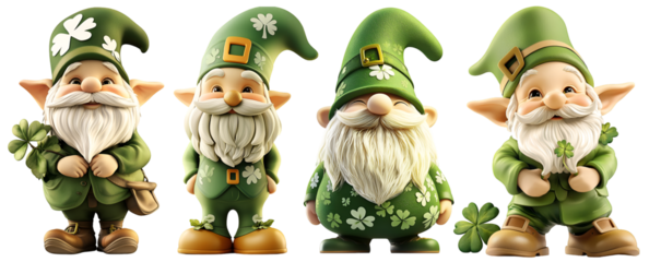 Set of fantasy garden gnomes in green costumes with beards and hats standing in a row isolated on white background