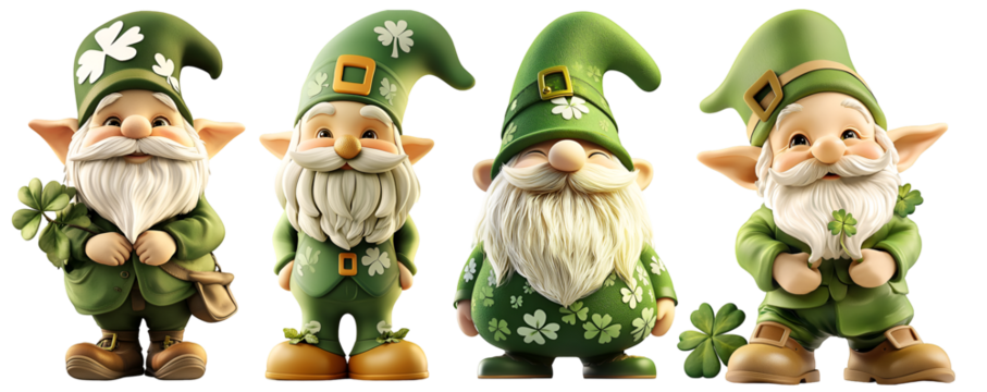 Set of fantasy garden gnomes in green costumes with beards and hats standing in a row isolated on white background - Powered by Adobe