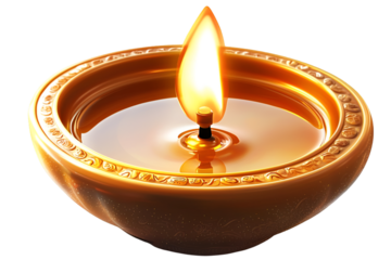 Traditional clay oil lamp with burning flame used for diwali festival isolated on white background