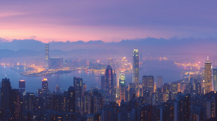 Obraz premium victoria peak hong kong, banner background with skyline lights